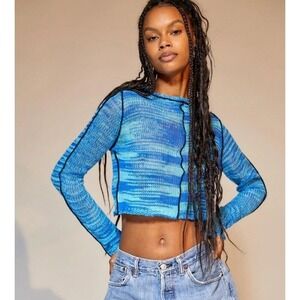 The Ragged Priest | Blue Space Dye Knit Crop Top Exposed Seam Sweater | Medium